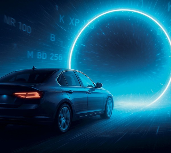 Auto vor digitalem Tor Auto fährt auf einen leuchtenden Kreis in einer digitalen Umgebung zu.