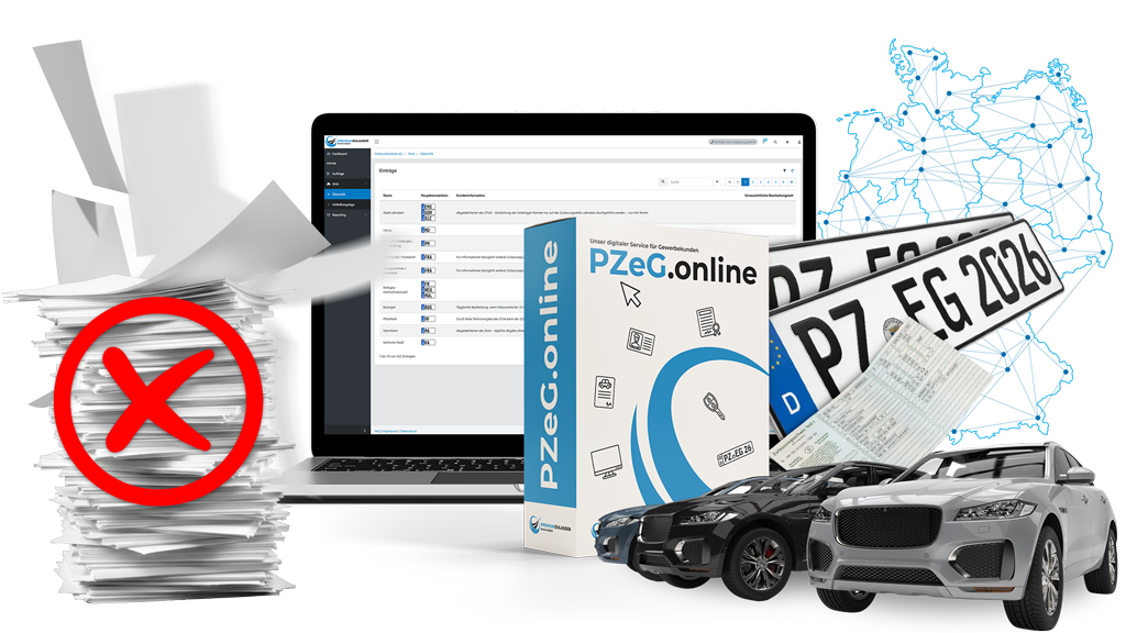 Keyvisual mit einem durchgestrichenen Dokumentenstapel, einem Laptop, der PZeG.online-Zulassungssoftware, Kennzeichen, einem Fahrzeugbrief, einer Deutschlandkarte und mehreren Autos